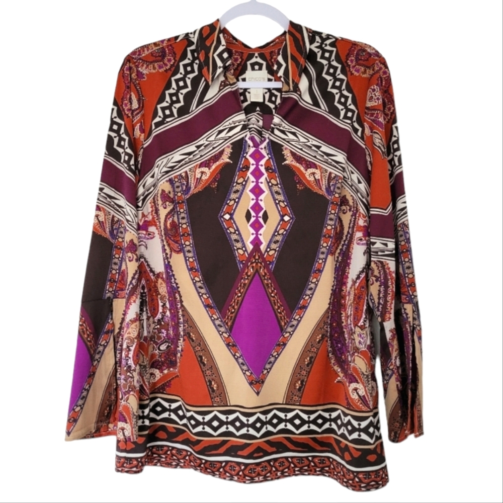 CHICO'S Artsy Bandana Paisley Psychedelic V‎ Neck Bell Sleeve Brown Blouse 1 / M